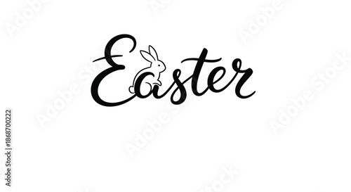 Simple and elegant black calligraphy text of the word easter with a small white rabbit silhouette integrated into the letter designs.