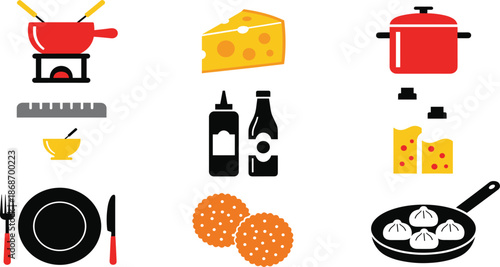 Vector illustration set of food and kitchen icons featuring a fondue pot cheese red cooking pot crackers dumplings and table setting.