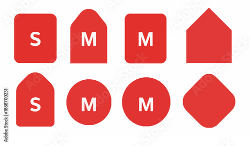 Red clothing size label tag vector set with small medium large shopping tags isolated on white