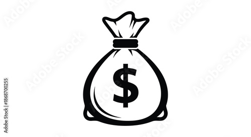 A simple black and white depiction of a money bag with a dollar sign a financial silhouette