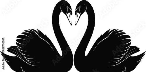Black vector silhouette illustration of two swans facing each other with necks curved to form a heart shape isolated on white background.