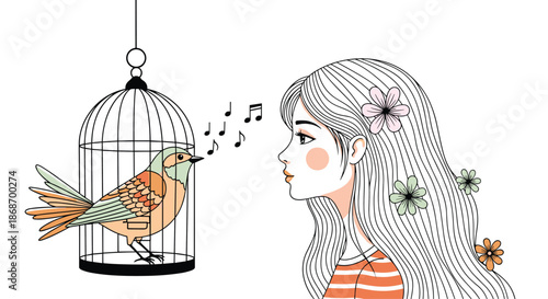 Charming girl with flowers in her long wavy hair looking at a colorful singing bird inside a vintage cage on white backdrop.