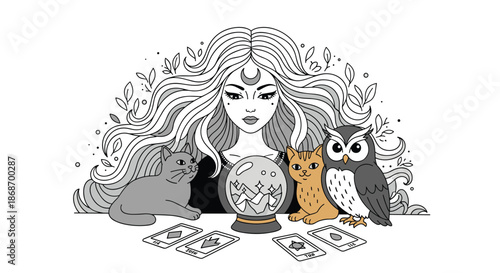 Mystical fortune teller with crystal ball surrounded by magical cats and an owl alongside tarot cards for psychic readings.