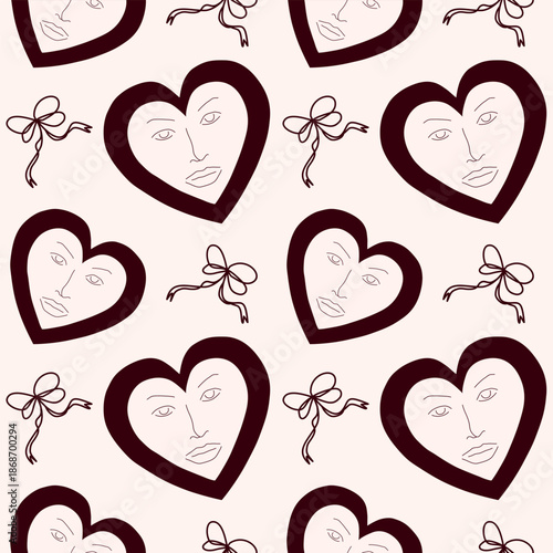 Seamless vector Valentine's pattern with line-art faces in hearts and delicate bows. Symbolizes emotional connection, co-dependency, and the art of modern love.