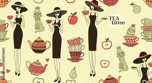 Seamless vector pattern featuring fashionable women in black dresses having tea with colorful cups teapots and fresh fruit pieces.
