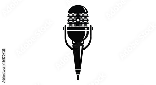 A striking black and white illustration depicts a vintage style microphone a classic recording tool silhouette