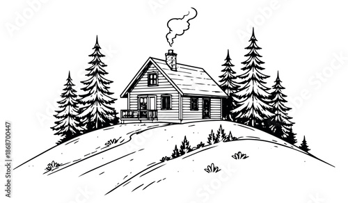 Hand drawn line art illustration of a cozy cabin depicting smoke rising from its chimney for rustic outdoor living