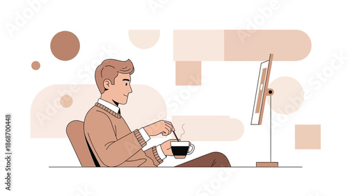 Man working at computer with coffee, modern flat illustration, business lifestyle