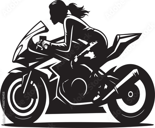 Woman rides a sleek motorcycle with dynamic motion and vibrant pink pants symbolizing freedom and adventure on the open road.