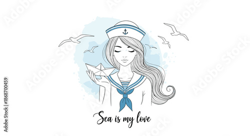 Lovely girl in a sailor outfit holding a small paper boat with seagulls flying around and sea is my love text on blue splash.