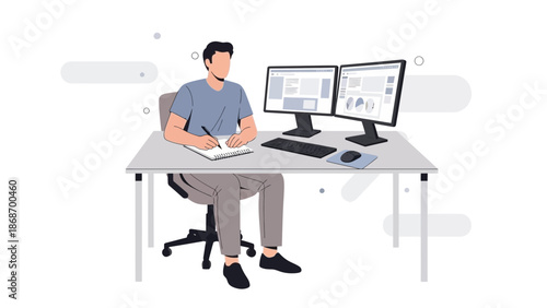 Man working at desk with dual monitors, taking notes in notepad, modern office setup.