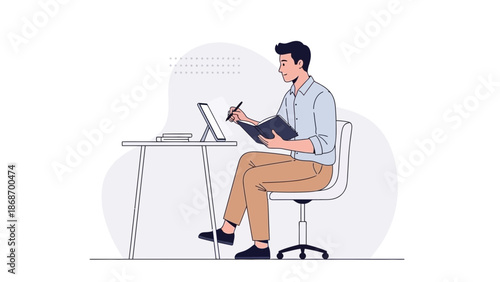 Man working at desk with tablet and notebook, studying, writing, remote work concept.