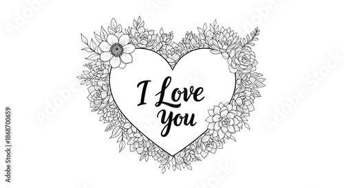 Romantic heart-shaped frame composed of various succulent plants and leaves with I love you text in a hand-drawn style.