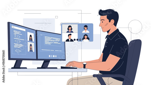 Man working on computer with video conference, remote work, online meeting illustration