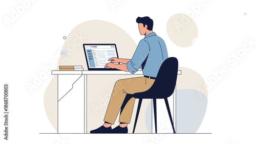 Man working on laptop at desk, modern flat illustration for business and education
