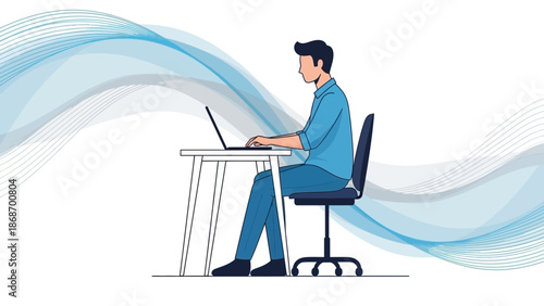 Man working on laptop at desk with flowing blue abstract background