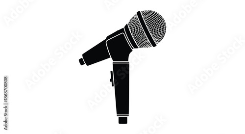 A stark black microphone design is presented against a white backdrop featuring a distinct silhouette