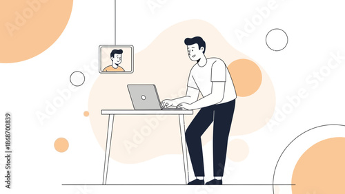 Man working on laptop at desk, video call screen above, flat illustration style