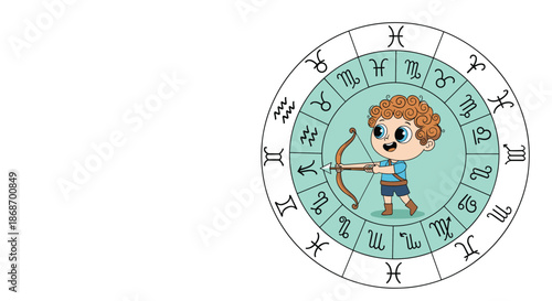 Little boy depicted as the Sagittarius zodiac sign holding a bow and arrow inside a detailed horoscope calendar wheel.