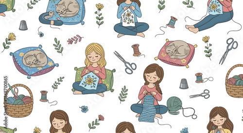 Seamless hand-drawn pattern depicting girls engaged in embroidery knitting and sewing activities with cute sleeping cats.