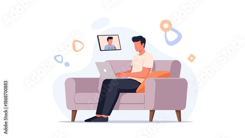 Man working on laptop on sofa with video call