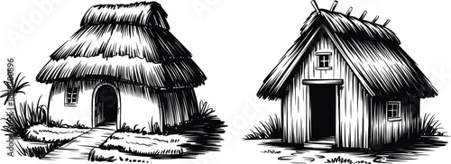 Thatched Hut and Rustic Cabin Illustrations, Vintage Hand-Drawn Rural Dwellings.