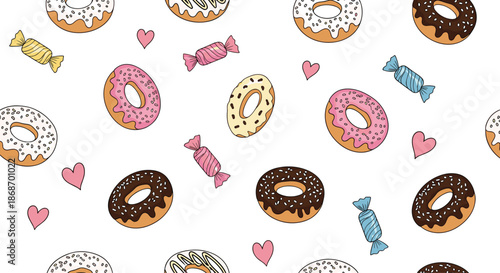 Delicious seamless pattern of pink and chocolate frosted donuts mixed with wrapped hard candies and pink hearts for sweet design.