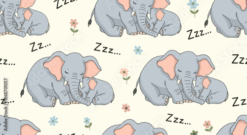 Sweet seamless pattern of mother and baby elephants sleeping together among small flowers with Zzz text on a light background.