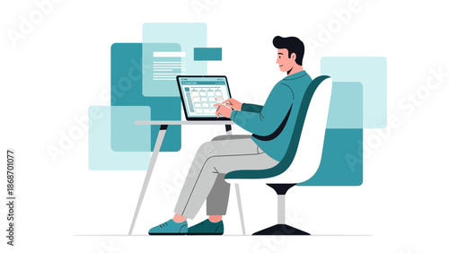 Man working on laptop, planning, analyzing data, modern business concept illustration