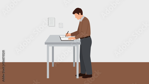 Man writing on paper at table, office work, studying, planning, or note-taking concept