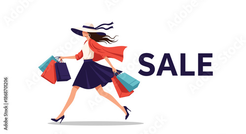 Stylish woman in a summer hat and red jacket walking with many shopping bags to announce a big fashion sale event.