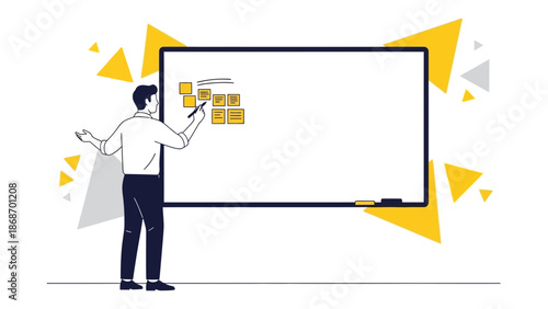 Man writing on whiteboard with sticky notes, business planning, strategy, brainstorming