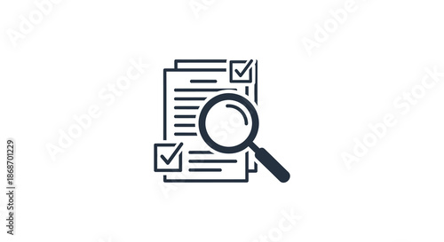 A detailed examination of documents with a magnifying glass including checklist icons in a dark silhouette