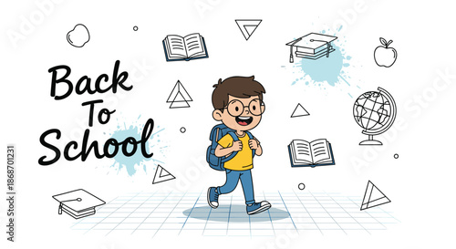 Back to school illustration showing a boy walking with a backpack surrounded by education icons like a globe and books.