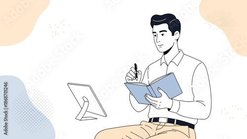 Man writing in notebook next to tablet, modern illustration, planning, learning, business concept
