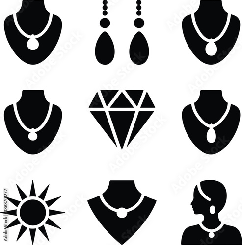 A collection of black silhouette icons representing luxury jewelry items and related concepts