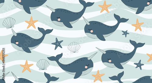 Cute seamless ocean pattern with smiling narwhals starfish and sea shells on a background of light blue wavy water lines.