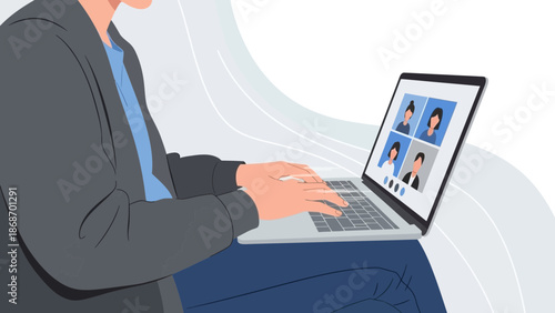 Person using laptop for video conference with multiple participants, remote work concept