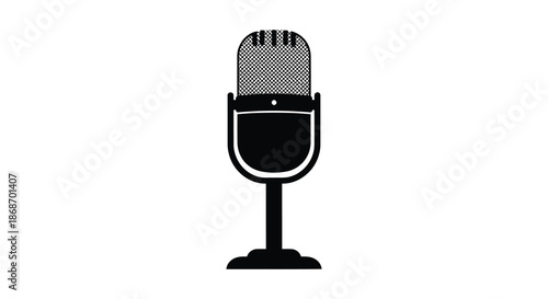 A striking black and white image showcases a classic vintage microphone in a bold silhouette