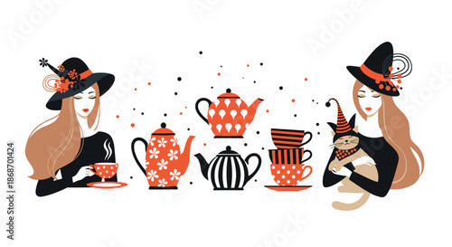 Whimsical illustration of two witches in pointed hats enjoying a tea party with a cute cat wearing a striped wizard hat.