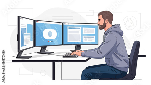 Programmer working on multiple monitors, coding and developing software, modern workspace