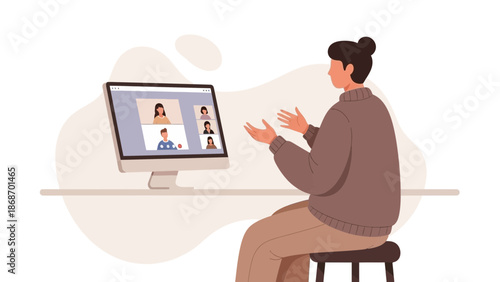 Remote Team Meeting: Person on Video Call with Colleagues, Online Collaboration