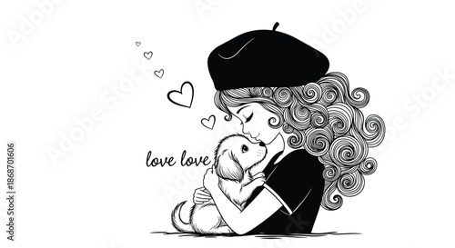 Charming girl wearing a black beret and dark shirt lovingly embraces her fluffy golden puppy against a simple white background with hearts.