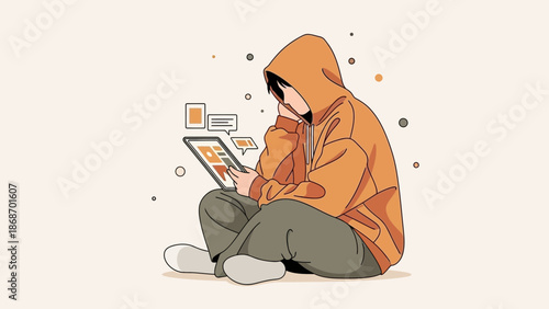 Teenager in hoodie using tablet, online communication, social media, digital lifestyle
