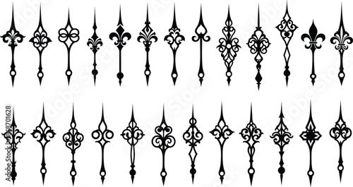 Collection of ornate vintage clock hands with intricate decorative designs in various elegant shapes and symmetrical styles