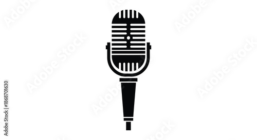 A striking black and white illustration depicting a vintage style microphone design presented as a silhouette