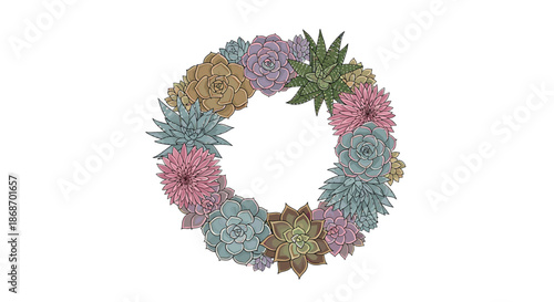Beautiful circular wreath composed of various green, pink, and purple succulent plants and desert cacti in a detailed line art style.