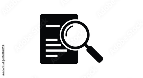 A black silhouette of a document being examined with a magnifying glass showing detailed inspection silhouette