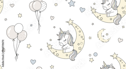 Dreamy seamless pattern shows little unicorns sleeping on crescent moons surrounded by stars, balloons, and hearts in a soft color palette.