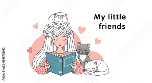 Long haired girl reads a book while sitting with three cute cats and surrounded by pink floating hearts in a sweet home setting.